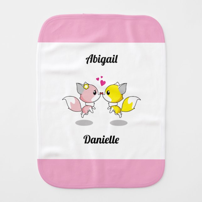 Cute Baby Foxes Kissing w/Tiny Hearts Baby Burp Cloth (Front)