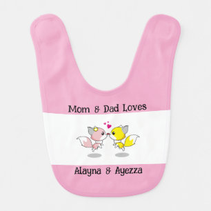 Cute Baby Foxes Kissing w/Tiny Hearts Bib