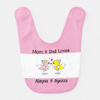 Cute Baby Foxes Kissing w/Tiny Hearts Bib