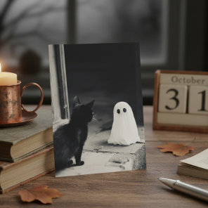 Cute Baby Ghost and Kitten Halloween Postcard