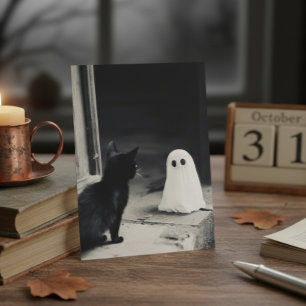 Cute Baby Ghost and Kitten Halloween Postcard
