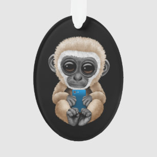 Cute Baby Gibbon Holding a Cell Phone Black Ornament