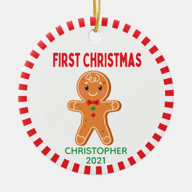 Cute Baby Gingerbread Boy Photo First Christmas Ceramic Ornament (Front)