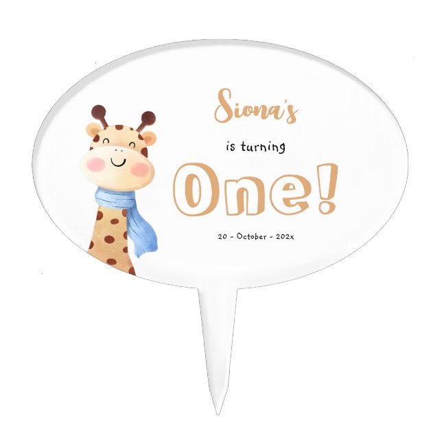 Cute Baby Giraffe 1st Birthday Cake Topper (Front)