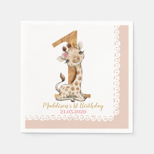 Cute Baby Giraffe 1st Birthday Napkins (Front)