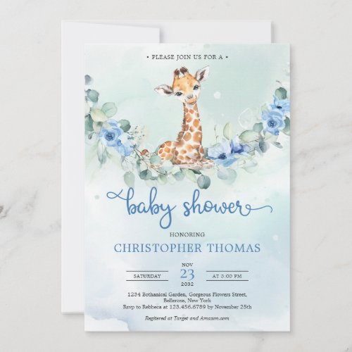 Cute baby giraffe blue flowers eucalyptus boy baby invitation