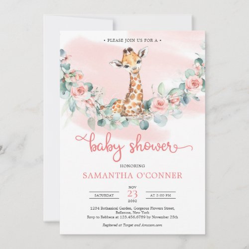 Cute baby giraffe blush flowers eucalyptus baby invitation