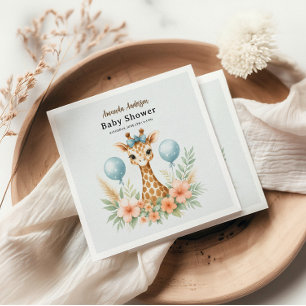Cute Baby Giraffe Boy Baby Shower Blue Safari Napkins