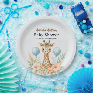 Cute Baby Giraffe Boy Baby Shower Blue Safari Paper Plates