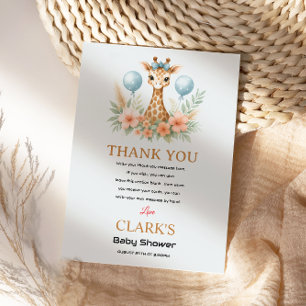 Cute Baby Giraffe Boy Baby Shower   Blue Safari Thank You Card