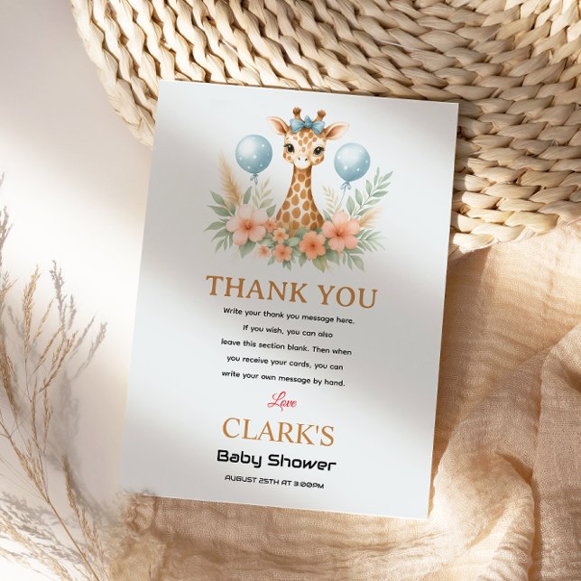 Cute Baby Giraffe Boy Baby Shower | Blue Safari Thank You Card (Creator Uploaded)