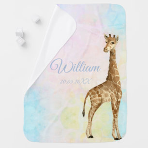 Cute Baby Giraffe Boy Blue Custom Name Baby Blanket