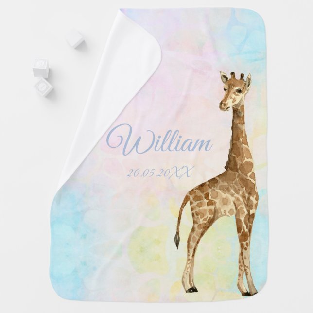 Cute Baby Giraffe Boy Blue Custom Name Blanket (In Situ)