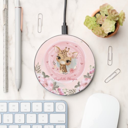 Cute Baby Giraffe Floral Baby  Wireless Charger