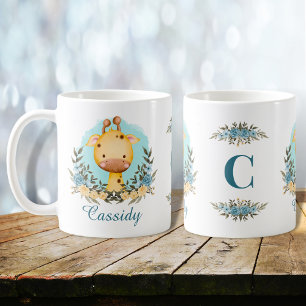 Cute Baby Giraffe Floral Monogram Personalized Coffee Mug