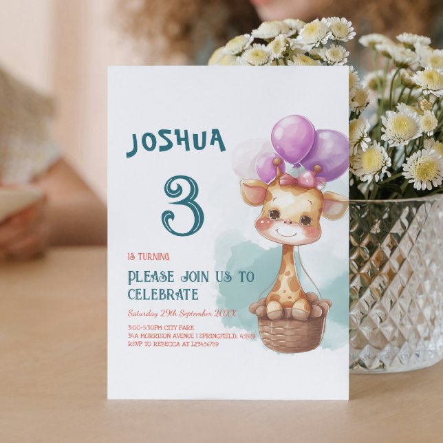 Cute Baby Giraffe I Balloons Kids birthday Party  Invitation (Creator Uploaded)
