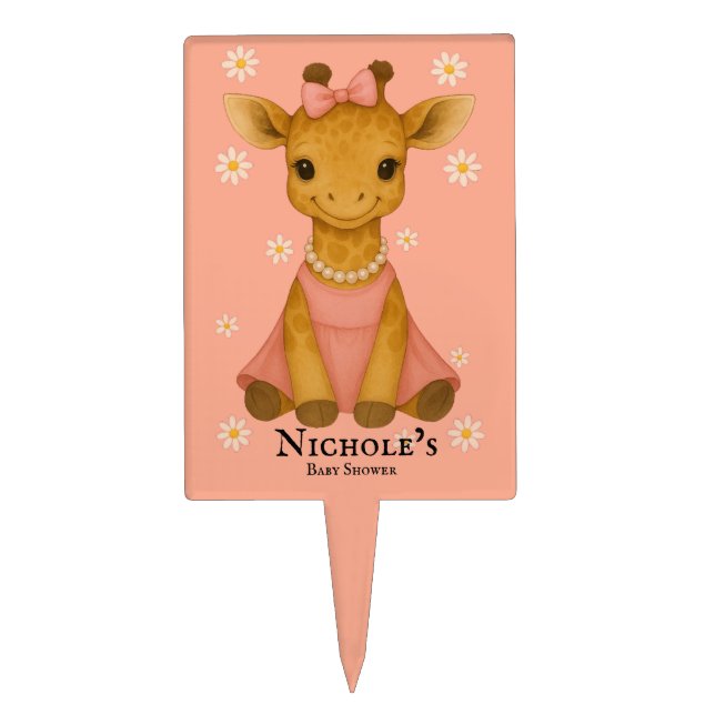 Cute Baby Giraffe in Pink Girl Baby Shower Cake Topper (Front)