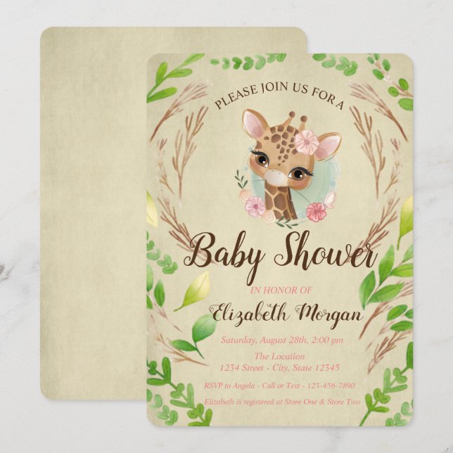 Cute Baby Giraffe, Leaves Invitation (Front/Back)