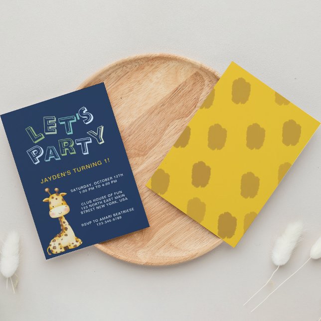 Cute Baby Giraffe Navy Blue 1st Birthday Invitation (Creator Uploaded)