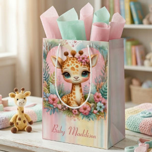 Cute Baby Giraffe Personalized Name Medium Gift Bag