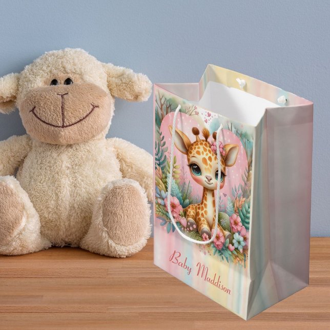 Cute Baby Giraffe Personalized Name Medium Gift Bag (Creator Uploaded)