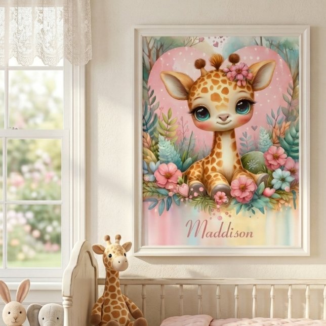 Cute Baby Giraffe Personalized Name Nursery Poster (Creator Uploaded)