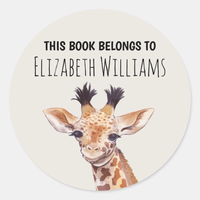 Cute Baby Giraffe Personalized Name School Classic Round Sticker (Front)