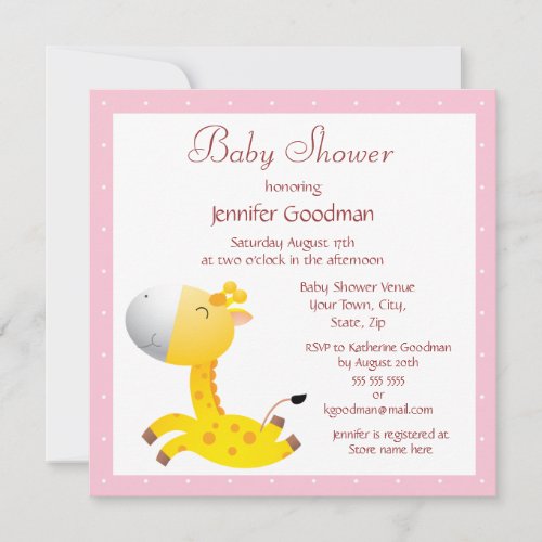 Cute Baby Giraffe Pink Baby Shower Invitations
