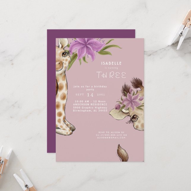 Cute Baby Giraffe Pink Birthday Party Invitation (Front/Back In Situ)