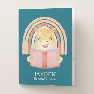 Cute Baby Giraffe Reading Book Name Kids Rainbow Pocket Folder
