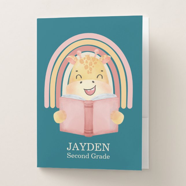 Cute Baby Giraffe Reading Book Name Kids Rainbow  Pocket Folder (Front)