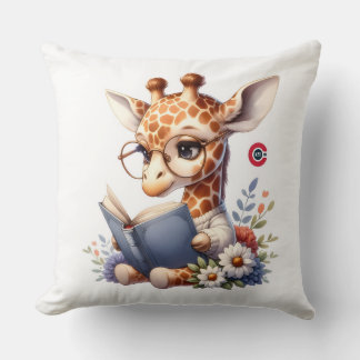 Cute Baby Giraffe Reading Book with Glasses Throw Pillow