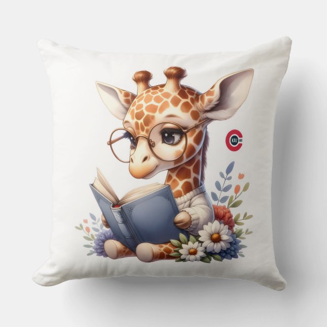 Cute Baby Giraffe Reading Book with Glasses Throw  Pillow (Front)