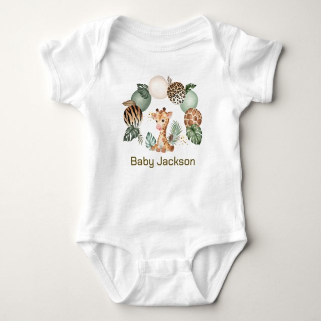 Cute Baby Giraffe Safari Animal Print Baby Bodysuit (Front)