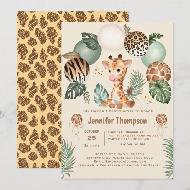 Cute Baby Giraffe Safari Animal Print Beige Invitation (Front/Back)