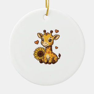 Cute Baby Giraffe Sunflower Vintage Engraving Tee_ Ceramic Ornament