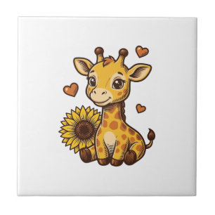 Cute Baby Giraffe Sunflower Vintage Engraving Tee_ Ceramic Tile