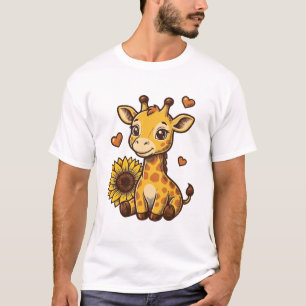 Cute Baby Giraffe Sunflower Vintage Engraving Tee_ T-Shirt