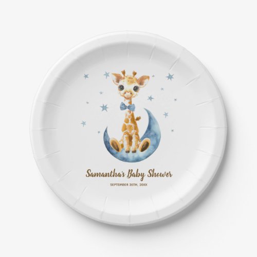 Cute Baby Giraffe Watercolor Baby Shower Boy Paper Plates