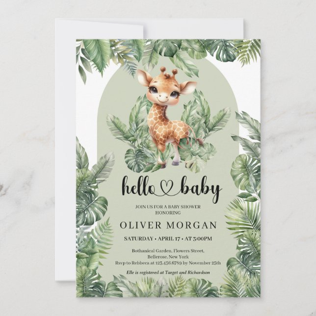 Cute baby Giraffe Watercolor tropical greenery  Invitation (Front)