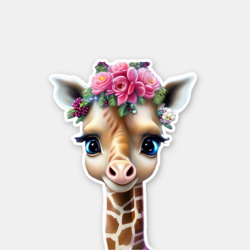 Cute Baby Giraffe with Flowers and Holly  Sticker