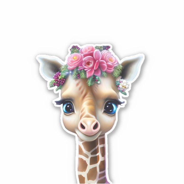 Cute Baby Giraffe with Flowers and Holly  Sticker (Front)