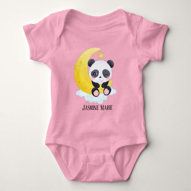 cute baby girl add name panda bear baby bodysuit (Front)