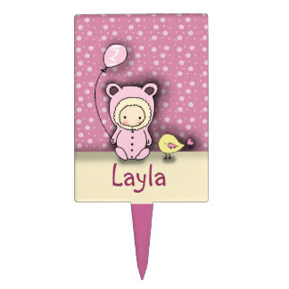 Cute Baby Girl and Bird First Birthday Cake Pick