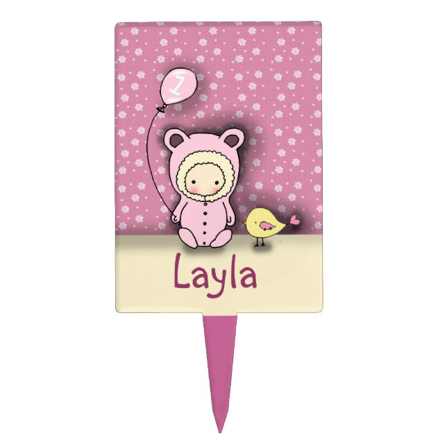 Cute Baby Girl and Bird First Birthday Cake Pick (Front)