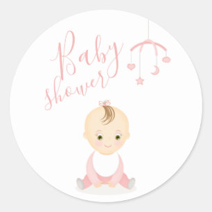 Cute Baby Girl and her Mobile Baby Shower Classic Round Sticker