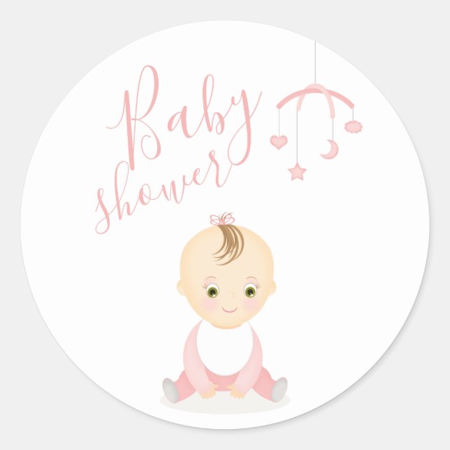 Cute Baby Girl and her Mobile Baby Shower Classic Round Sticker (Front)