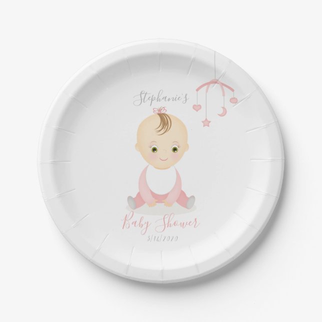 Cute Baby Girl and her Mobile Baby Shower Paper Plates (Front)