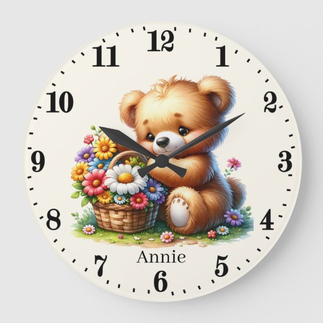 Cute baby girl bear add name  large clock (Front)