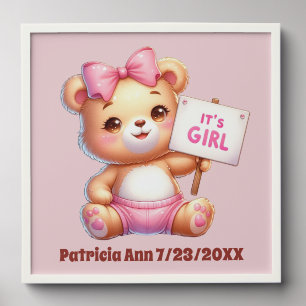 Cute baby girl bear announcement add name date peel and stick photo tile